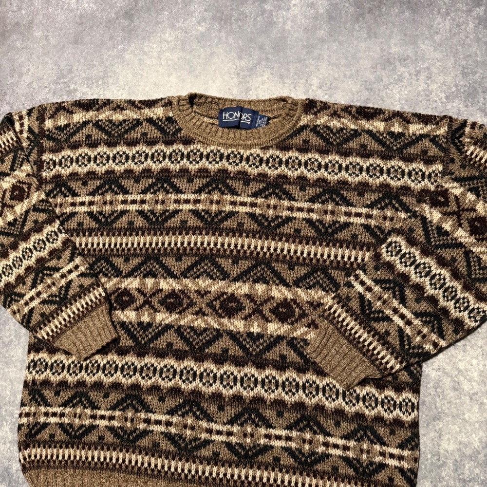 Vintage HONORS Women's 2XL Acrylic Fair Isle Geometric Pattern Crew Neck Sweater - Picture 1 of 5